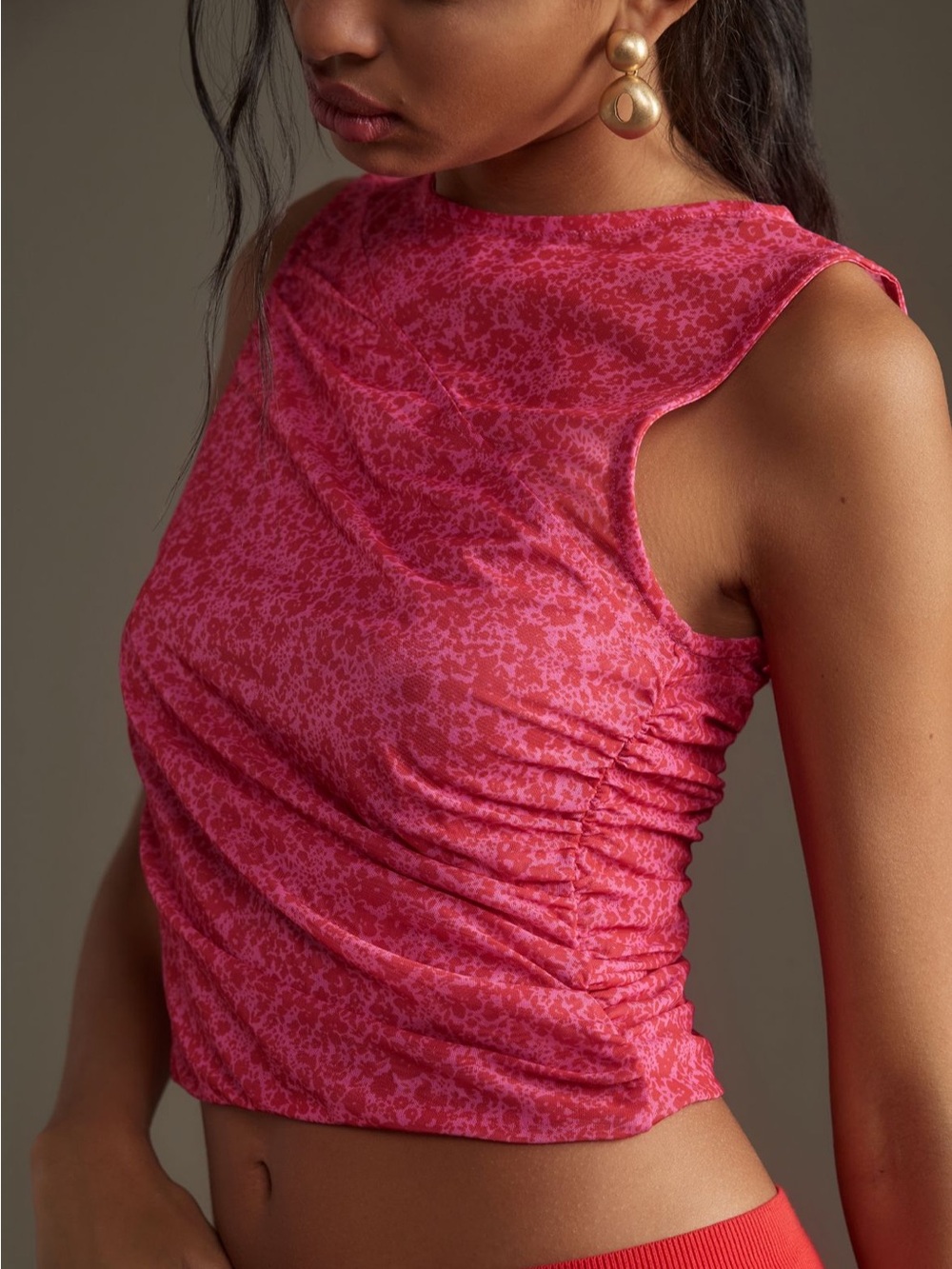 NWT Maeve Printed Mesh Ruched Tank in Pink Pattern Sz S